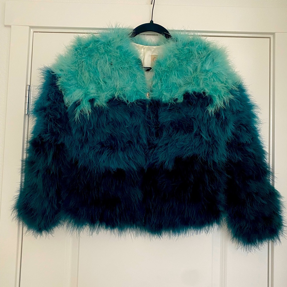Teal and turquoise feather zip up jacket